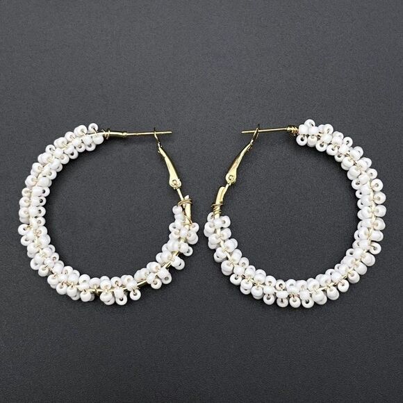 Yellow Gold Wire Wrapped White Beaded Open Round Hinged Post Hoop Earrings - Picture 2 of 9